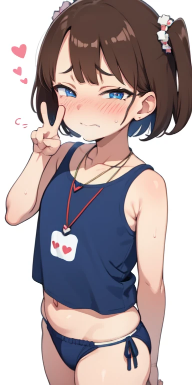 1 girl,heart-shaped pupils, put your hand on your face, peace sign, (brown hair), (blue eyes), (short hair), ((hime hair)) (blush:1.1), necklace, Upper body, trembling, Sweat, Sweatdrop, heart, (speed line:1.1), ((Flat milk)), ((heavy breathing:1.3)), like...