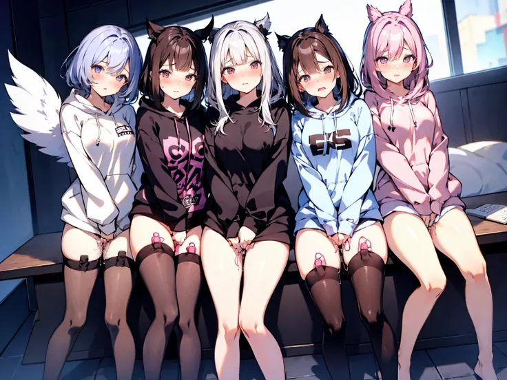 highest quality, more detailed, 8k, bright city, (three girls), big hoodie, tail tail parker, whole body, (blush:1.3), (pussy ju...