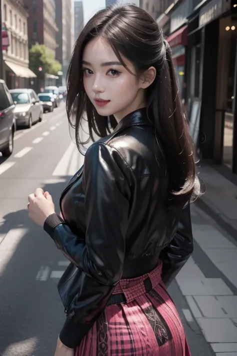 (Realistic、High resolution:1.3)high quality, Ultra-realistic, 8k, masterpiece: 1.3, Very detailed, Very beautiful woman,charm,2 women, Are standing, (look back) (From behind), stylish, Classic silhouette, Midi skirt in black,Jacket,Bold colors and patterns...