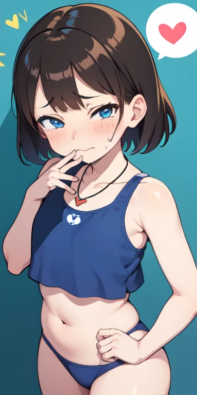 1 girl,heart-shaped pupils, put your hand on your face, (brown hair), (blue eyes), (short hair), ((hime hair)) (blush:1.1), necklace, Upper body, trembling, Sweat, Sweatdrop, heart, (speed line:1.1), ((Flat milk)), ((heavy breathing:1.3)), like, heart, blu...