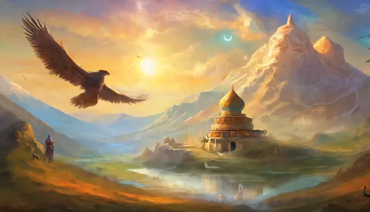 wisdom Kazakhstan, antiquity, hero, yurt, mountains, Sun, soaring eagle, blue sky, Kerey and Zhanibek Khan, inscription in the foreground "KAZAKH WISDOM"