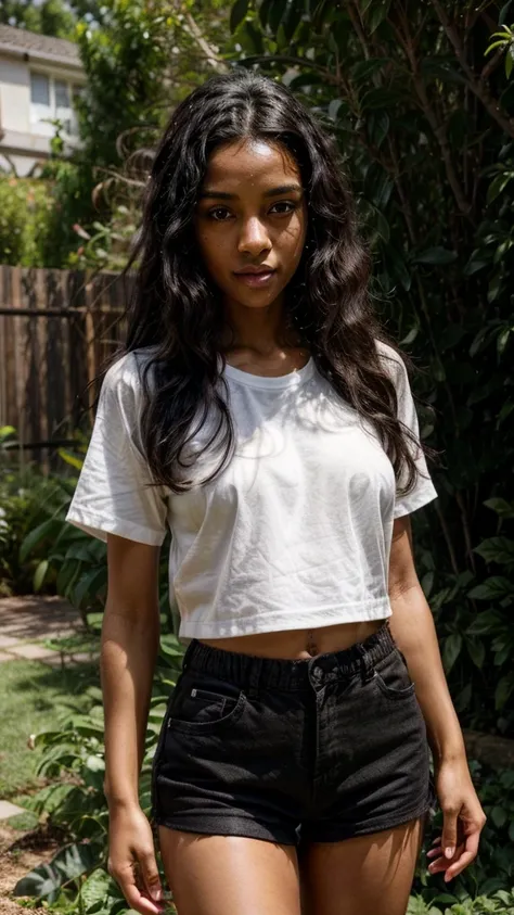 1girl, Tall, Black hair, dark skinned, curly hair, light brown eyes,  wearing a white shirt and black shorts, in the garden, looking at viewer 