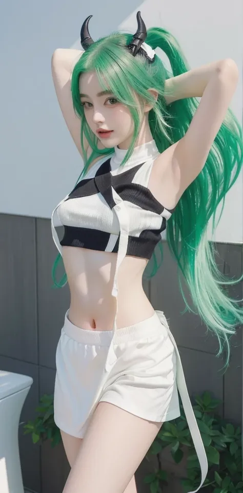 a white girl with green hair, black white mini crop top, black white panties, small horns in hair,