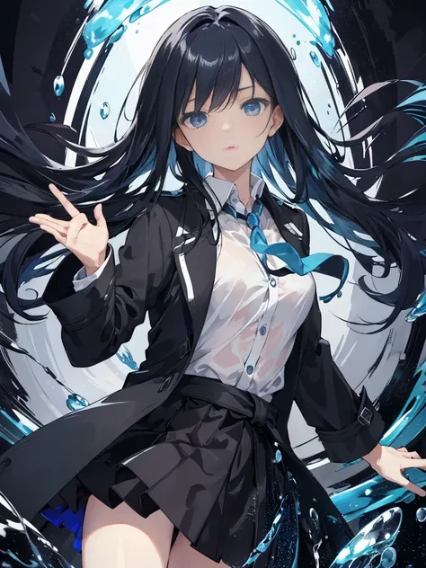 (best quality,masterpiece:1.2),1girl, trench coat, expressive face, bright blue eyes, gazing at the viewer, black hair, closed lips, dress shirt, black skirt, waving hand at the viewer, (reducing blue light, swirling blue glass fragments in the background,...