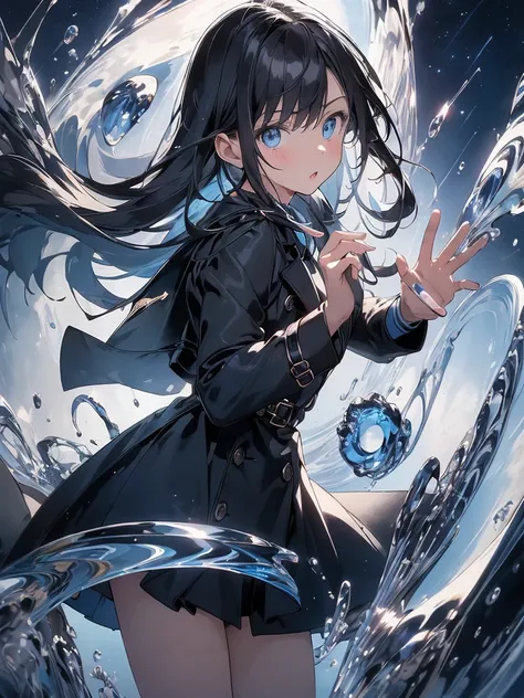 (best quality,masterpiece:1.2),1girl, trench coat, expressive face, bright blue eyes, gazing at the viewer, black hair, closed lips, dress shirt, black skirt, waving hand at the viewer, (reducing blue light, swirling blue glass fragments in the background,...