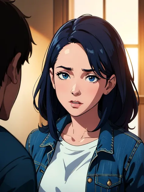 A regular girl in jeans and t-shirt and a worn-out denim jacket, in a college class with students on the background, (best quality, 4k, highres, masterpiece:1.2), ultra-detailed, realistic:1.37, portraits, vibrant colors, natural lighting