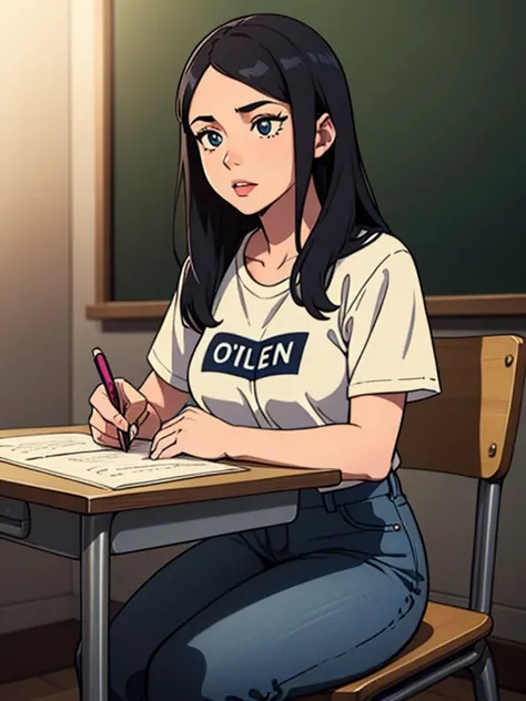 A regular girl in jeans and t-shirt and a worn-out denim jacket, sitting in a college class, is the main subject of the artwork. The girl has beautiful detailed eyes, beautiful detailed lips, and an extremely detailed face. She has long eyelashes that enha...