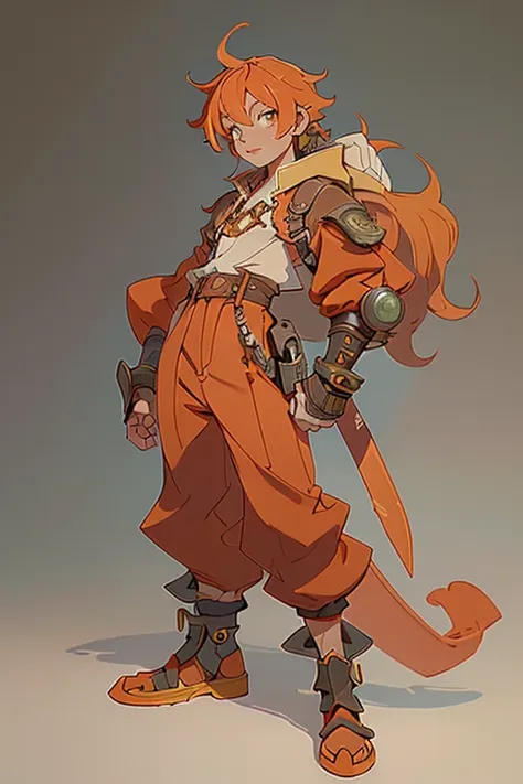 a young man wearing gauntlets、orange hair、long trousers、steampunk attire、has a big sword。single color background、full body illus...