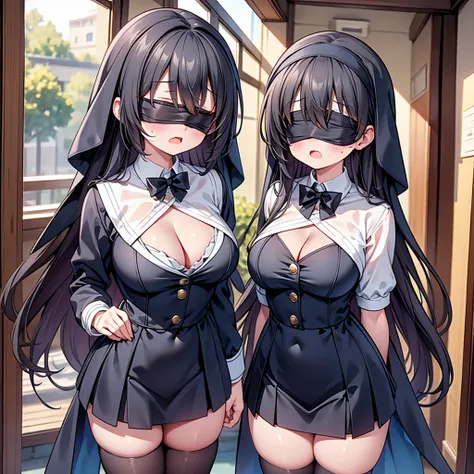 (cute eyes:1.2), (sparkling eyes:1.2), highest quality,wonderful,finely,extremely detailed CG Unity 8K wallpaper, (Stand in line:1.2), (3 girls, very long hair, clothed), (nun :1.1), (cleavage cutout), (midium breasts), (open mouth:1.1), (long tongue:1.1),...