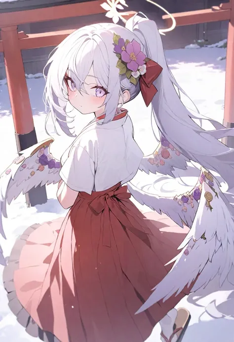 silver_hair,purple_eyes,2_white_wings,halo,beautiful_hair,beautiful_eyes,beautiful_wings,1_beautiful_girl,cute_face,beautiful_face,beautiful,best_quality,good_anatomy,red_hakama,white_japanese_tops,geta,ponytail,red_ribbon,japanese_shrine,very_deep_fog,tor...