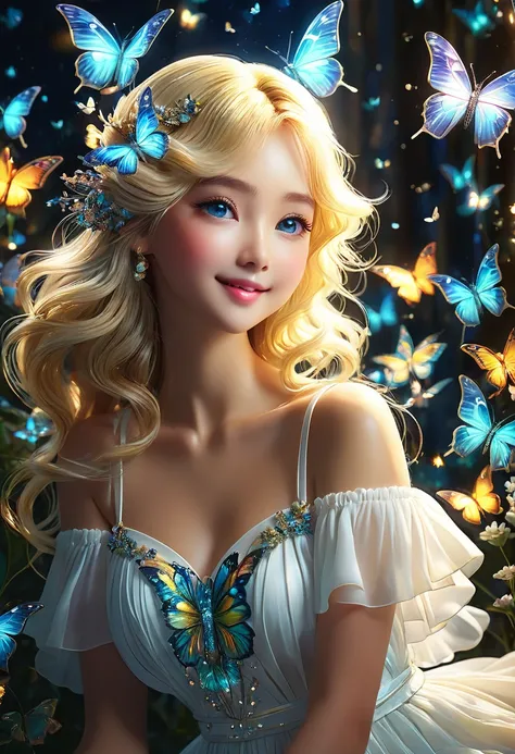 暗闇の中を羽ばたくbutterfly々Shine、As beautiful as a dream、It touches my heart.、Angel Beautiful Girl、Beautiful face in every detail、whole body、White skin、smile、Greek style white dress、blonde、Big cute blue eyes.,Cute、butterfly々:Iridescent:Seven Colors:Illumination:Sh...