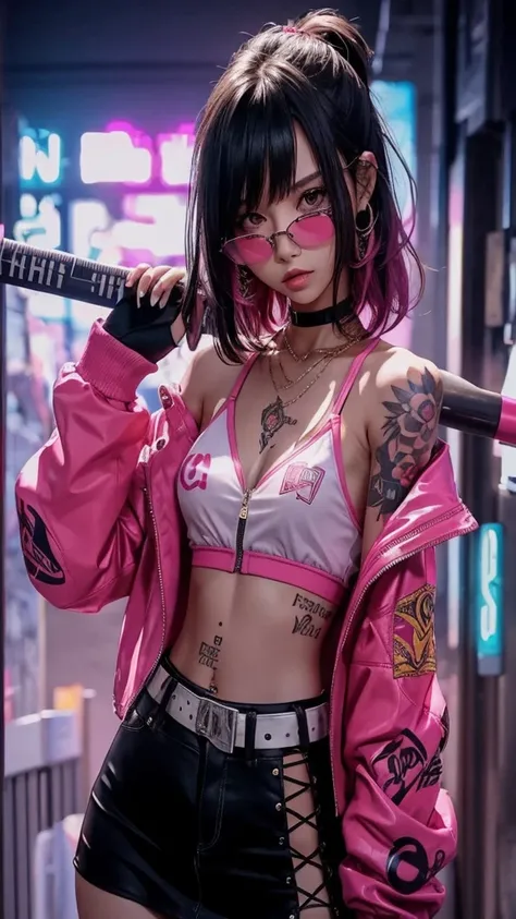 Beautiful girl, short black hair, slim fit body , crop top  mini skirt , small pink jacket, pink glasses, slim waist, tattooed body