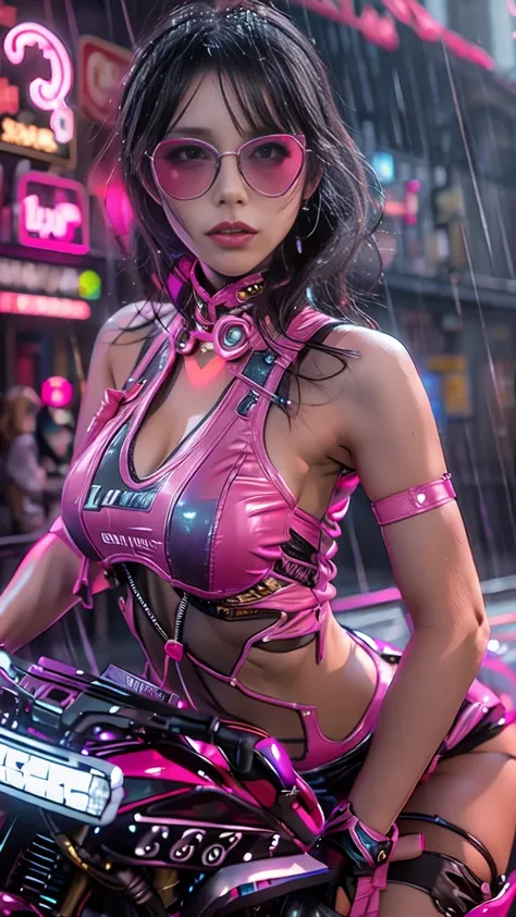 (Realistic:1.3, 16k, highest quality, masterpiece, Ultra-high resolution), ((rain, From below)), Perfect dynamic composition:1.2, (Modern futuristic city at night, Expressions of sadness:0.5, Drive a motorcycle:0.5), Highly detailed skin and facial texture...