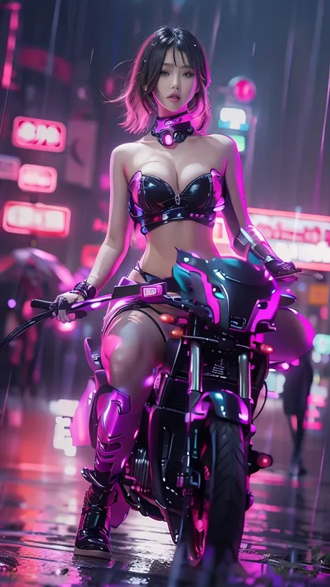 (Realistic:1.3, 16k, highest quality, masterpiece, Ultra-high resolution), ((rain, From below)), Perfect dynamic composition:1.2, (Modern futuristic city at night, Expressions of sadness:0.5, Drive a motorcycle:0.5), Highly detailed skin and facial texture...