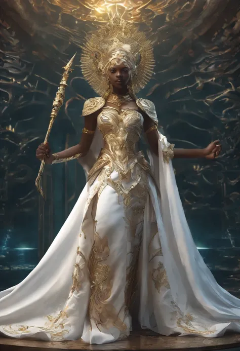 Movie scene, pale androgynous guardian angel, afrofuturistic makeup, with bold metallic shadows and intricate patterns that are inspired by African art and science fiction), sad face, tears streaming down his face, white hair with golden tiara, sitting in ...