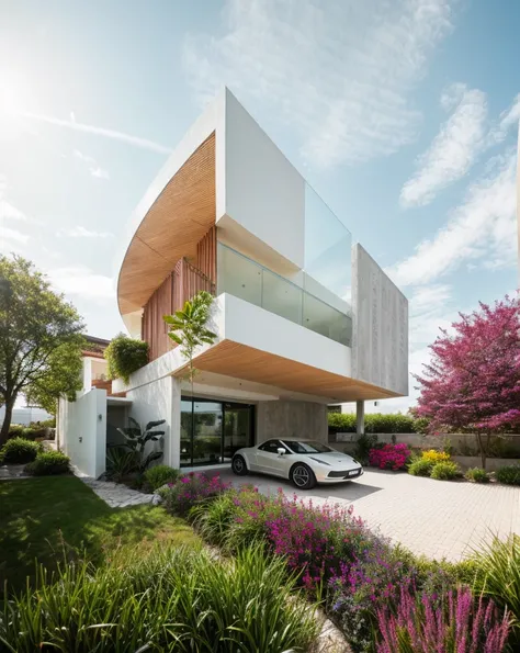 exterior of house building, contemporary style, balconies, plants and flowers on balconies, vivid colour, beautiful landscape, stone pavement,cars, realistic, RAW photo, 8k uhd, dslr, soft lighting, high quality, film grain, Fujifilm XT3,masterpiece,