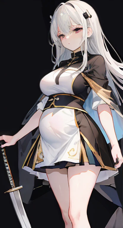 Gold Hairpin, Gray hair, Black shirt, White skirt, (Black cape:1.2), Pale face, sweat, Heavy breathing, blush, 怀pregnant穿衣质量最好:1.2), Super detailed,Practical ,portrait, Bright colors, soft light, Interesting point of view, Socks, Straight Hair, pregnant, p...