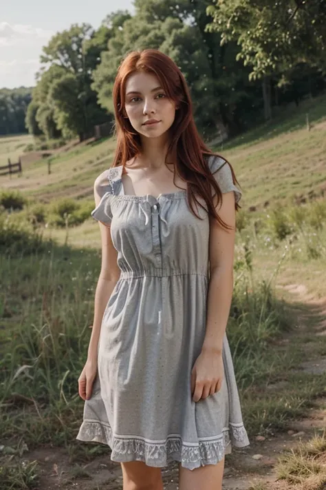 Siberian 26 years old, intense red head, gray eyes, realistic professional photo, dimples on the cheeks, perfect lean face, small freckles, in the country, wearing a country large dress