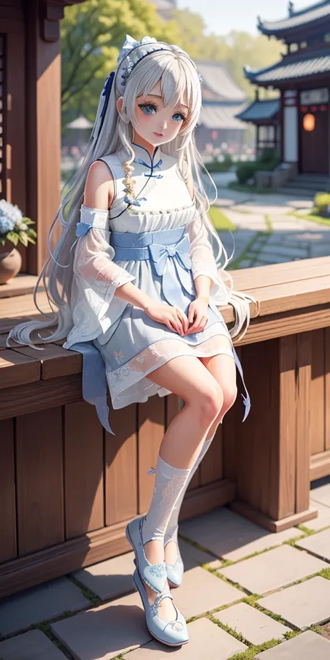 ((Best quality)), ((Masterpiece)), ((Ultra-detailed)), (illustration), (Detailed light), (An extremely delicate and beautiful),A charming young girl,long  white hair,Blue sky,(Chinese Garden)