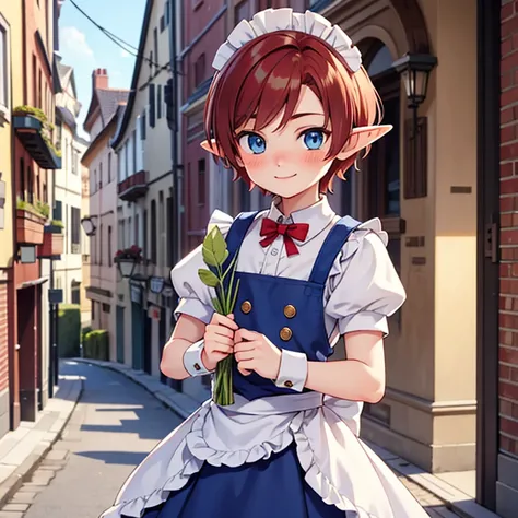 Beautiful, high quality, a 16 years old elf boy, twink body, blue eyes, cute face, auburn hair, looking at the camera, smiling, blushing, wearing a maid style clothes, stand in a middle of street