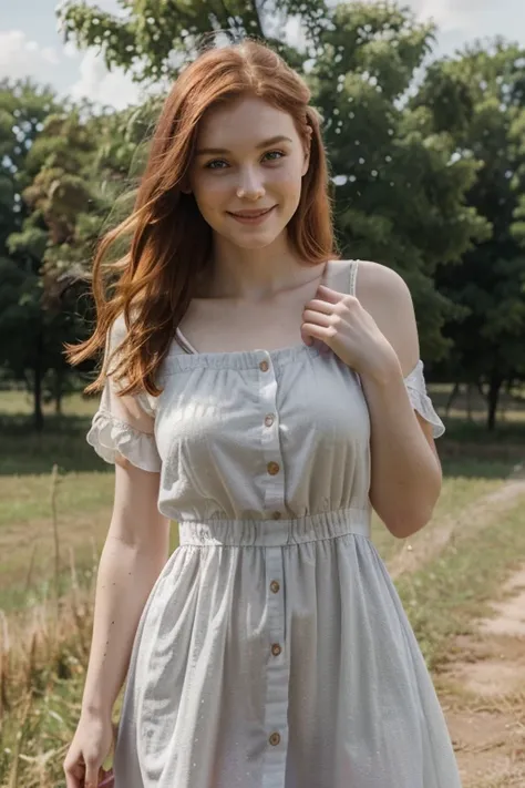 Russian 26 years old, intense red head, gray eyes, realistic professional photo, dimples on the cheeks, perfect lean face, small freckles, in the country, wearing a country large dress, very pale skin, smiling, innocent look.
