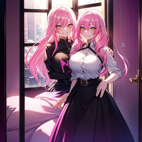 1 Girl, Pink Hair, Double tail, Long hair, Yellow eyes, Super detailed eyes, Smile, big Smile with teeth, Happy expression, Black skirt, focus on face, Room, window, Super detailed, 8k wallpaper, reflected light, Ray Tracing, Practical，(Huge breasts：1.8)