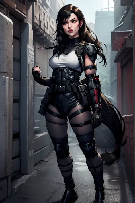 Tifa Lockhart reimagined as a female solide snake frome metal gear solid, full body, bodysuit, sneaking suit,