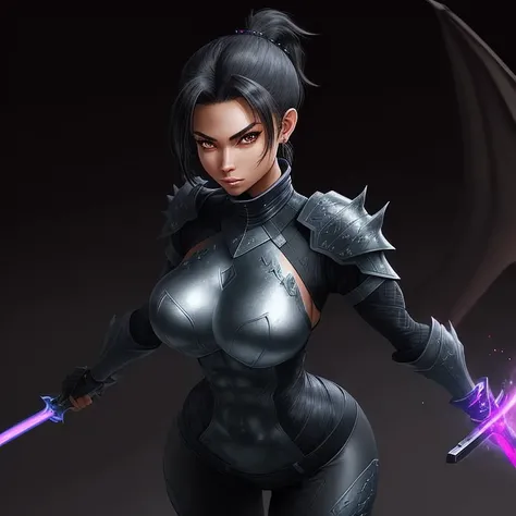 good looking young woman,black ponytail,sexy figure,Put on a tight hero outfit.,has light armor,holding an energy sword,Get ready to attack,There is a dragon-shaped electric aura on the back.,on the battlefield,Highly detailed,Masterpiece,novel