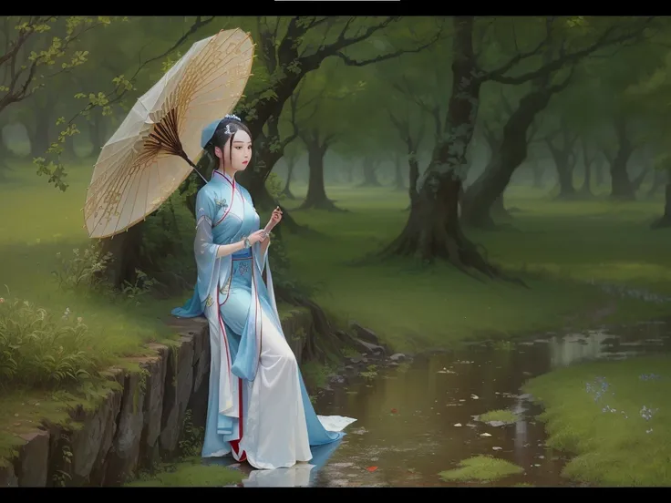 There is a lady in a blue dress holding an umbrella, palace ， a girl in Hanfu, Inspired by Gu An, Hanfu, Inspired by Qiu Ying, white Hanfu, Inspiration from the ages, Inspired by Lu Ji, wearing chinese clothes, Inspired by Roma, An ethereal still painting,...