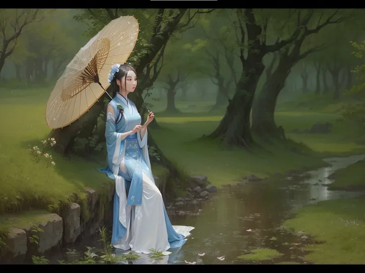 There is a lady in a blue dress holding an umbrella, palace ， a girl in Hanfu, Inspired by Gu An, Hanfu, Inspired by Qiu Ying, white Hanfu, Inspiration from the ages, Inspired by Lu Ji, wearing chinese clothes, Inspired by Roma, An ethereal still painting,...