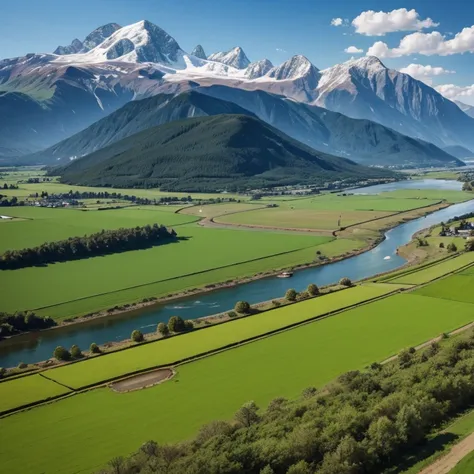 Please make field farm with mountain and rivers