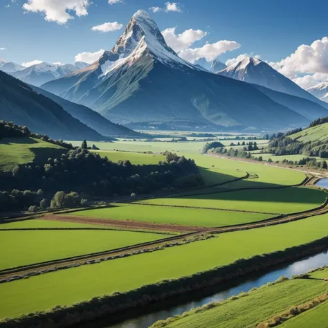 Please make field farm with mountain and rivers