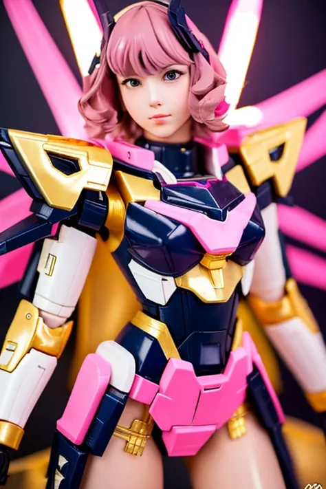 young woman with cute face,Short wavy hair with pink highlights,sexy figure,Equipped with a black and gold Gundam Wing figure outfit.,Standing in a sexy pose,amid colorful lights,Highly detailed,Masterpiece