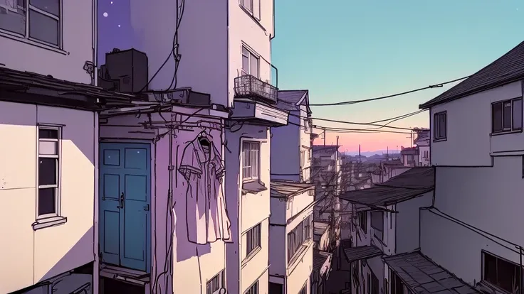 Image of a woman in her 50s standing on a roof and hanging out clothes, LOFI Girl aesthetic, I will fix it colors, Lo-fi illustration style, Lo-fi aesthetic, Lo-fi art style, Anime Aesthetics, LOFI Girl, 9 0 s Anime Aesthetics, Game aesthetics, Lofi Color,...