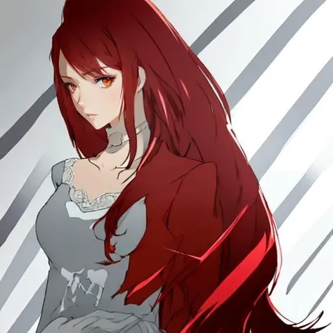 anime girl aux cheveux roux and a white dress standing in front of a striped wall, Erza Scarlet en tant que vraie personne, makise kurisu, kurisu made, maquillage gremory, elle a les cheveux roux, kurisu made steins gate anime, aux cheveux roux, avec de lo...