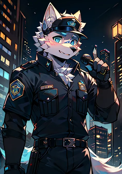 best quality，Delicate style，Exquisite lines，White Wolf Orcs，male，Blue pupils，Black police uniform，Radio Headset，Tactical gloves，MK2000，City，night