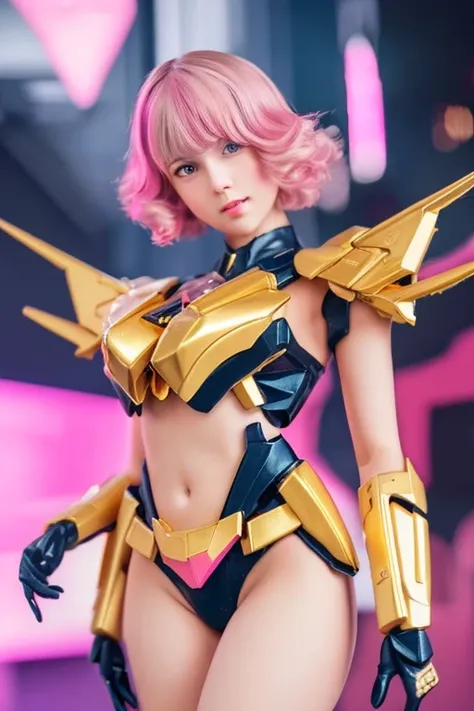 young woman with cute face,Short wavy hair with pink highlights,sexy figure,Equipped with a black and gold Gundam Wing figure outfit.,Standing in a sexy pose,amid colorful lights,Highly detailed,Masterpiece