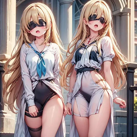 highest quality,wonderful,finely,extremely detailed CG Unity 8K wallpaper, (Stand in line:1.2), (3 girls, clothed), (open mouth:1.1), (long tongue:1.1), (mouth drool:1.1), (black stockings:1.1),(Thighs:1.2),(Waistline:1.2),(black blindfold, blindfold:1.5)