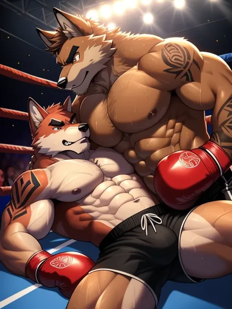 Duo big male fighters(Brown Wolf vs Red Wolf, handsomes, Thick eyebrows), beso gay(Cuddling lying down embraced in a boxing match, Body frottage, touching bulges), hot(Full body, shirtless), handsomes(They are handsomes, correct anatomy), musculosos(Big mu...