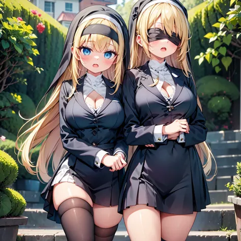 highest quality,wonderful,finely,extremely detailed CG Unity 8K wallpaper, (girl, very long hair, blonde, clothed), (nun :1.2), (midium breasts), (cleavage cutout), (open mouth:1.1), (long tongue:1.1), (mouth drool:1.1), (black stockings:1.1),(Thighs:1.2),...