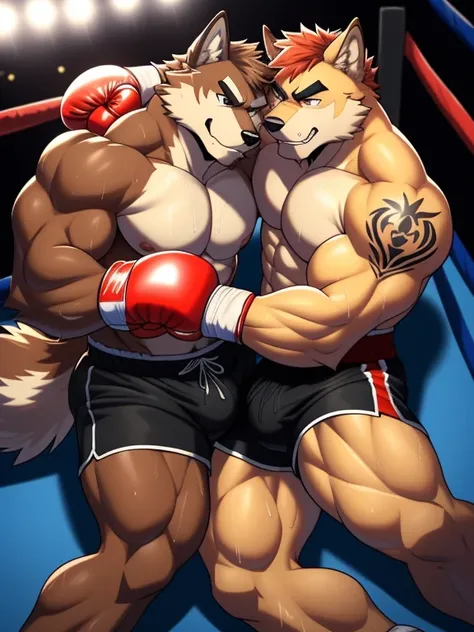 Duo big male fighters(Brown Wolf vs Red Wolf, handsomes, Thick eyebrows), beso gay(Cuddling lying down embraced in a boxing match, Body frottage, touching bulges), hot(Full body, shirtless), handsomes(They are handsomes, correct anatomy), musculosos(Big mu...