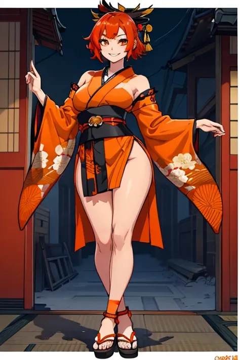 female, red short hair with yellow highlights, orange eyes, (((1girl))), (((black traditional kimono with orange trim))), (traditional sandals), cute and sexy, large breasts, large butt, full body, long legs, smiling