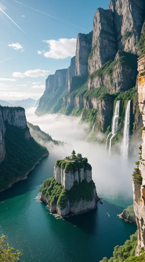 Masterpiece, ultimate quality, Cg unity 8k wallpaper, super delicate, beautiful sky and clouds, rich natural scenery, cliffs, lakes and rivers, waterfalls and flying water, beautiful green mountains, no trace of people, excellent scenery, has already won a...