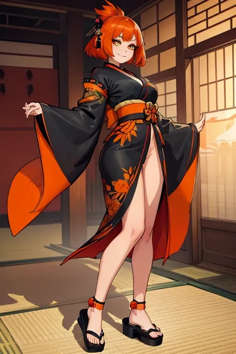 female, red short hair with yellow highlights, orange eyes, (((1girl))), (((black traditional ankle length kimono with orange trim))), (traditional sandals), cute and sexy, large breasts, large butt, full body, long legs, smiling