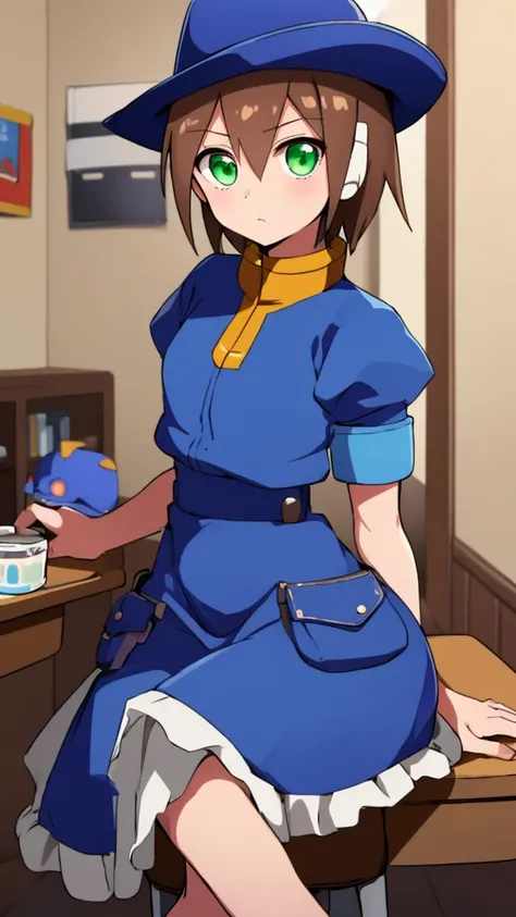 Aile_megamanzx, 1 girl, looking at viewer, sitting on a stool, cowboy dress, cowboy hat,Brown hair, green eyes, watch on right arm