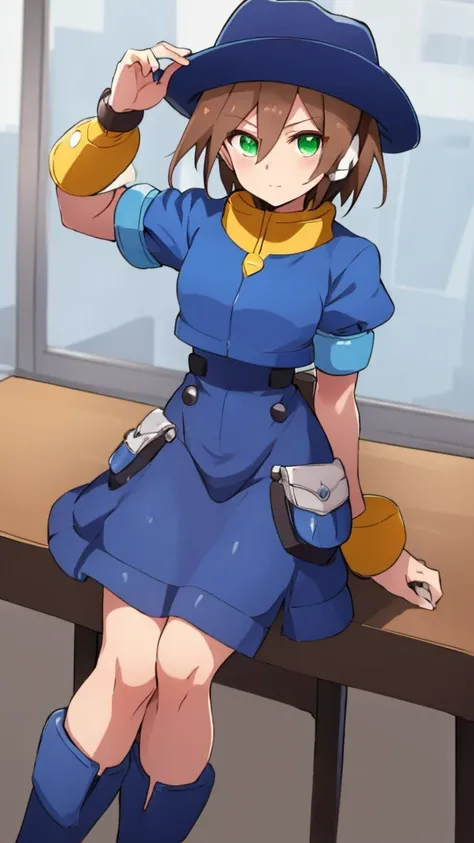 Aile_megamanzx, 1 girl, looking at viewer, sitting on a stool, cowboy dress, cowboy hat,Brown hair, green eyes, watch on right arm