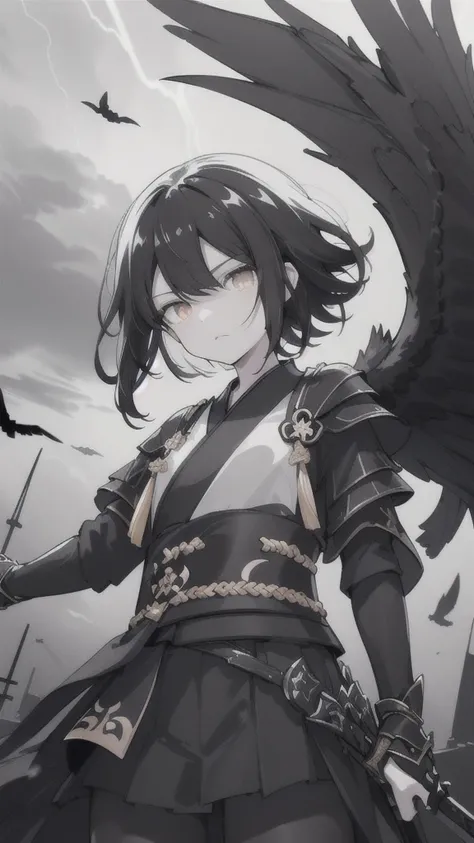 (dark hair,short black hair),(golden eyes),(black hanfu,black armor),(ink black longsword),(ravens),(high contrast,monochrome,black and white),(mystery,ominous),(stormy atmosphere,thunderstorm),(dramatic lighting),(detailed textures),(dynamic pose),(dark b...