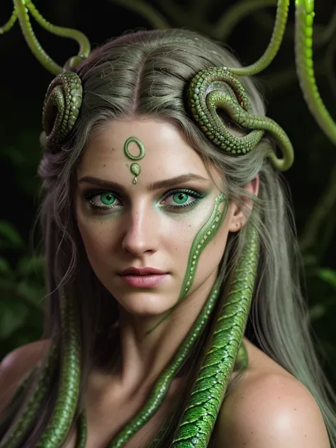 (Realistic:1.5), Realistic, RAW Photos, Analogue photography style, Depth of written boundary, Ultra-detailed photo of Medusa, (The hair is made up of countless snakes), Detailed green eye, Heavy makeup, Gorgeous female face, Detailed photorealistic feces,...