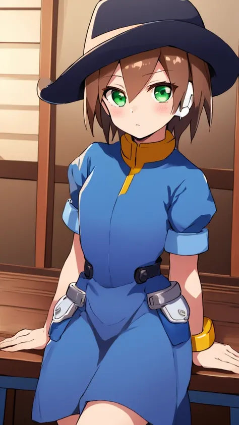 Aile_megamanzx, 1 girl, looking at viewer, sitting on a stool, cowboy dress, cowboy hat,Brown hair, green eyes, watch on right arm