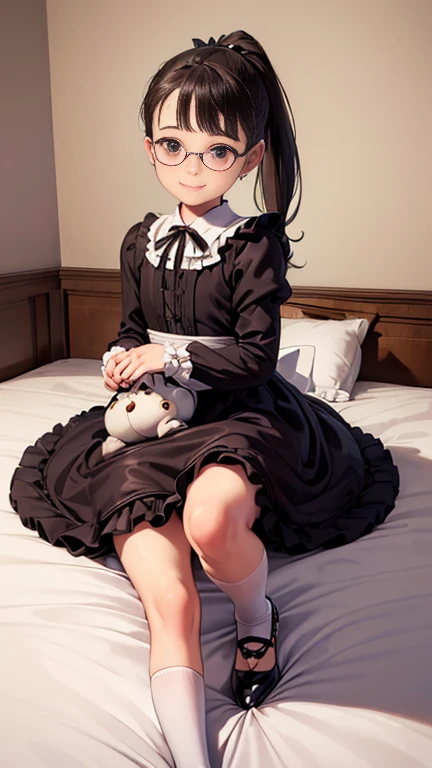 ((masterpiece)),((highest quality)),((Anatomical)),((Realistic)),((Detailed Description)),((cute)),((((bedroom)))),(((One Little Boy))),((Beautiful eyes)),(((ponytail))),((Baby Face)),((Petite)),((Bewitching Smile)),(((Lolita Dress))),(((Glasses))),Full bo...